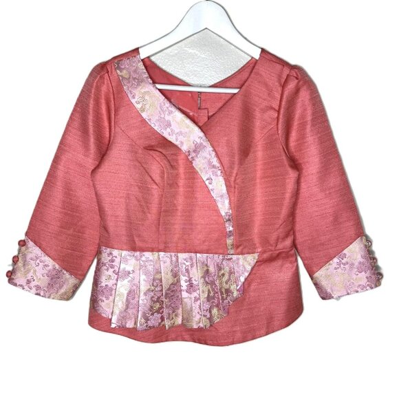 Vintage Thai-Style Pink Raw-Silk Peplum Blouse w/ Rear Buttons, Size XS - Picture 1 of 8